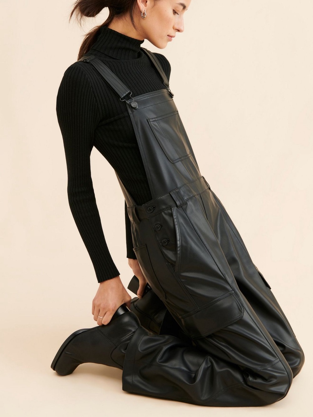 Anthropologie Black Faux Leather Women's Overalls - M